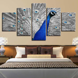 Canvas HD Prints Poster Wall Art 5 Pieces Blue Peacock Paintings Gray Tail Screen Pictures