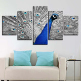 Canvas HD Prints Poster Wall Art 5 Pieces Blue Peacock Paintings Gray Tail Screen Pictures