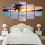 Modular Picture 5 Panel Coco Tree Sunset Landscape Abstract Canvas Painting Wall Art Poster