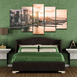 Wall Art Canvas Pictures Poster 5 Pieces City Sunset Landscape River Ships HD Printed Painting