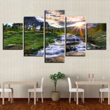 Wall Art Poster Decor 5 Pieces Waterfall Rock Woods Sunrise Landscape Canvas Painting Pictures