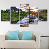 Wall Art Poster Decor 5 Pieces Waterfall Rock Woods Sunrise Landscape Canvas Painting Pictures