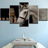 Canvas HD Printed Oil Painting Wall Art Room 5 Panel Animal White Horse And Owls Poster Modular Pictures