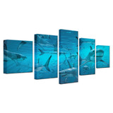 Canvas Poster Wall Art Modular Prints Pictures 5 Pieces Blue Deep Sea Shark Swarm Paintings