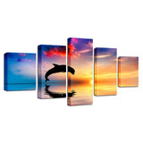 Canvas HD Prints Pictures Wall Art 5 Pieces Dolphins Swim Jump Paintings Sunset Seascape Poster
