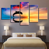 Canvas HD Prints Pictures Wall Art 5 Pieces Dolphins Swim Jump Paintings Sunset Seascape Poster