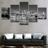 Canvas HD Prints Pictures 5 Pieces Black White Brooklyn Bridge City Night View Paintings Home Wall