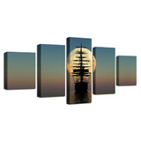 Canvas HD Prints Pictures Wall Art 5 Pieces Full Moon Night Sailboat Paintings Seascape Posters