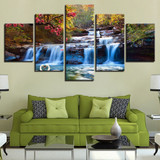 Wall Art Canvas Painting 5 Pieces Forest Lake Waterfall Scenery Pictures Tree Flower Swan Poster