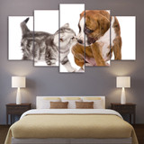 HD Printed 5 Piece Canvas Art Cute Dog Kiss Cat Painting Wall Pictures