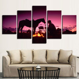 Canvas Painting Wall Art 5 Pieces Sunset Dusk Knight Whit Horse Pictures HD Prints Flame Poster