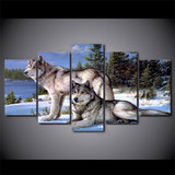 Modular Wall Art Canvas Paintings 5 Pieces Wolfs In The Snow Winter Pictures Animal Posters