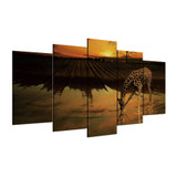 Canvas Painting Modular Sunset HD Printed Wall Art Animal Pictures 5 Panel Giraffe Drinking Water Poster