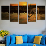 Canvas Painting Modular Sunset HD Printed Wall Art Animal Pictures 5 Panel Giraffe Drinking Water Poster