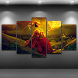 Modern HD Printed Canvas Painting 5 Pieces Fire Girl With Animal Deer Poster Wall Art Oil Pictures