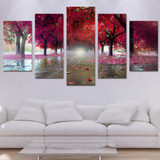 Canvas Paintings  5 Pieces Red Trees Landscape Pictures Wall Art HD Prints Deciduous Street Posters