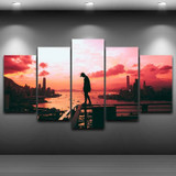 Canvas Wall Art Painting HD Prints Pictures 5 Panel Sunset Glow Boy Standing On Handrail Railing Poster