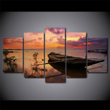 Wall Art Canvas HD Printed Painting Modular Home Decor Pictures 5 Pieces Sunset Boats Lake Landscape Poster