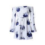 Casual Floral Print Loose Off the Shoulder Flare Sleeve Boho Women Mini Dress