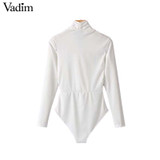Basic V-Neck Long Sleeve Stretchy Casual Bodysuits Retro Jumpsuit Rompers