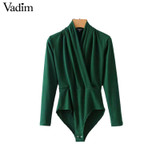 Basic V-Neck Long Sleeve Stretchy Casual Bodysuits Retro Jumpsuit Rompers