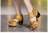 Flowers Cow Genuine Leather Thick Heel Women Sandals