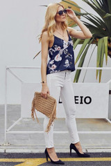 Navy Blue Floral Print Button Down Tank Top