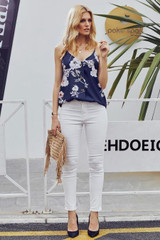 Navy Blue Floral Print Button Down Tank Top