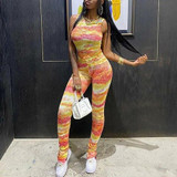 Tie Dye Print Women Sports Tracksuit Fashion Tank Crop Top Slim Pants
