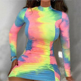 Women Sexy Turtleneck Bodycon Mini Long Sleeve Tie Dye Dress