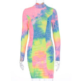 Women Sexy Turtleneck Bodycon Mini Long Sleeve Tie Dye Dress