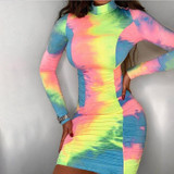 Women Sexy Turtleneck Bodycon Mini Long Sleeve Tie Dye Dress