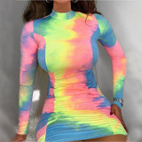 Women Sexy Turtleneck Bodycon Mini Long Sleeve Tie Dye Dress