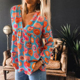 Elegant Floral Print Shirt Blouse Long Sleeve Loose Tops