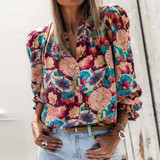 Elegant Floral Print Shirt Blouse Long Sleeve Loose Tops