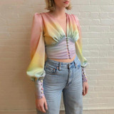V-link Colorful Button Lantern Sleeve Blouse 2020 Autumn Vintage Women