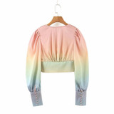 V-link Colorful Button Lantern Sleeve Blouse 2020 Autumn Vintage Women