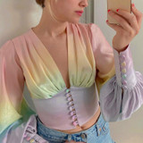V-link Colorful Button Lantern Sleeve Blouse 2020 Autumn Vintage Women