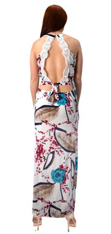 Floral Print Cut Out Waist Side Slit Crochet Tie Back Maxi Dress Gown