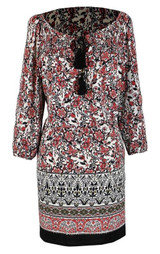 Tribal Bohemian Floral Print Adjustable Neck Summer Shift Dress