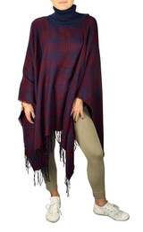 Turtle Neck Checkered Winter Poncho Sweater Pullovers With Fringes