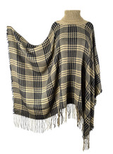 Turtle Neck Checkered Winter Poncho Sweater Pullovers With Fringes Turtle Neck Checkered Winter Poncho Sweater Pullovers With Fringes