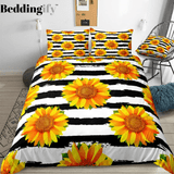 Black White Stripe Sunflowers Bedding Set