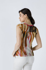 Print Cap Sleeve Top with Trim Detail