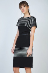 Short Sleeve Fitted Black Dress with White Stripe Detail and Faux Leather Waistband by Conquista Fashion