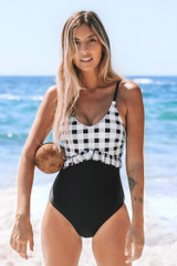 BLACK AND WHITE GINGHAM RUFFLE ONE-PIECE SWIMSUIT