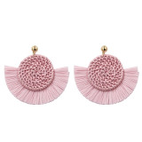 Leopard Print Wicker Woven Round Coin and Fringe Earrings