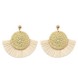 Leopard Print Wicker Woven Round Coin and Fringe Earrings