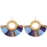 Leopard Print Wicker Woven Round Coin and Fringe Earrings