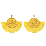 Leopard Print Wicker Woven Round Coin and Fringe Earrings